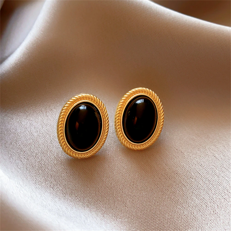 Vintage Gold & Black Oval Stud Earrings