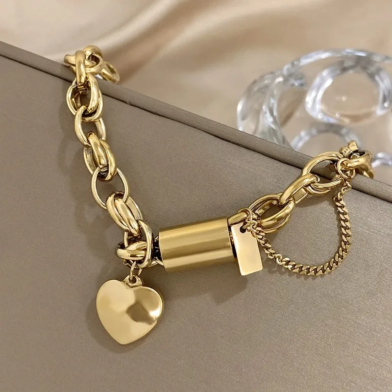 Chunky Gold Chain Bracelet with Heart Charm Stainless Steel