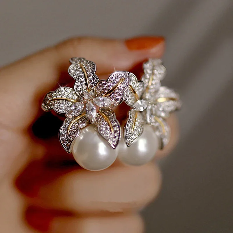 Gorgeous Flower Pearl Earrings with Sparkling CZ Stones