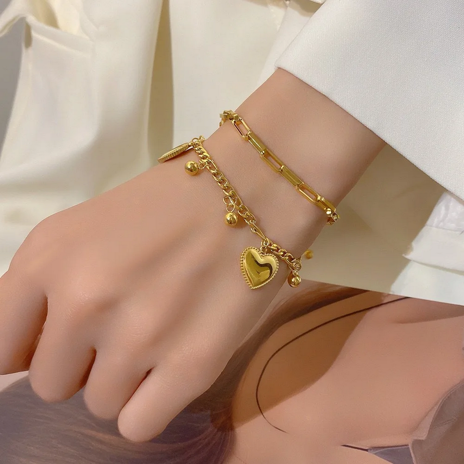 Multi-Layer Heart Charm Chain Bracelet
