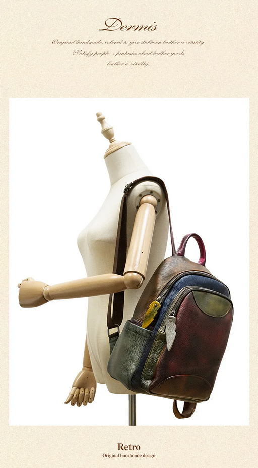 Genuine Leather Patchwork Backpack Women’s Retro Large Capacity Bag