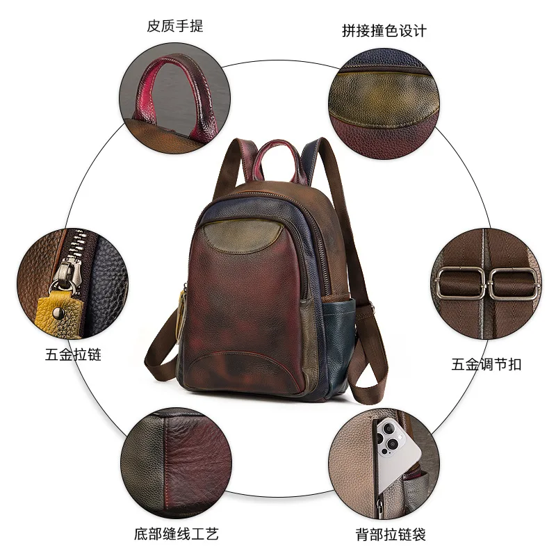 Genuine Leather Patchwork Backpack Women’s Retro Large Capacity Bag