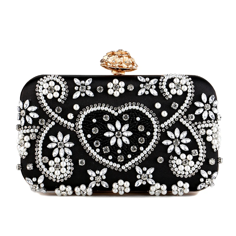 Women’s Satin Rhinestone Clutch Vintage Flower Evening Bag