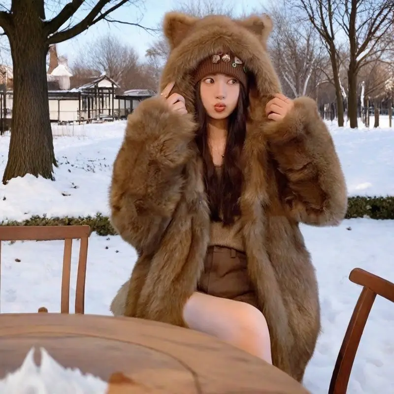 Winter Faux Fur Coat for Women Cute Cat Ear Hooded Jacket