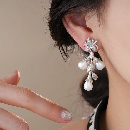 Flowers and Leaves Zircon Pearl Tassel Earrings for Women