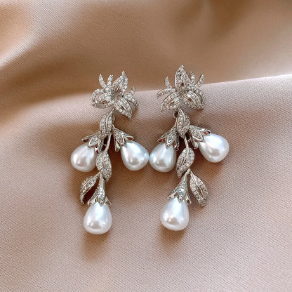 Flowers and Leaves Zircon Pearl Tassel Earrings for Women