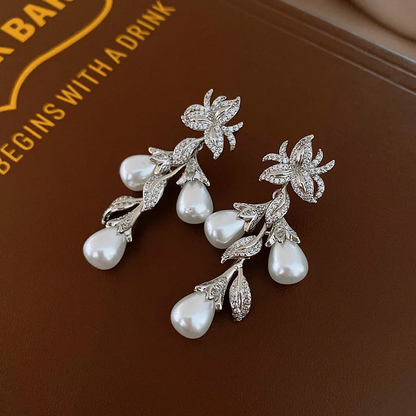 Flowers and Leaves Zircon Pearl Tassel Earrings for Women