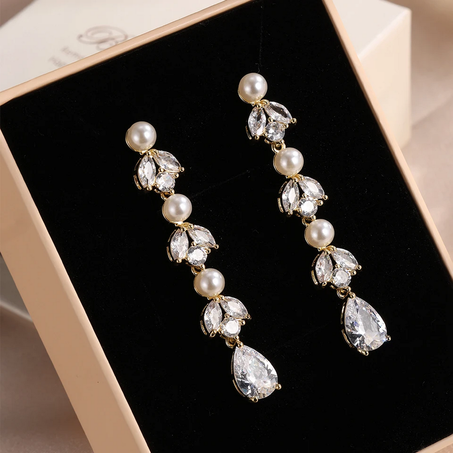 Luxury Cubic Zirconia Pearl Long Dangle Earrings for Women
