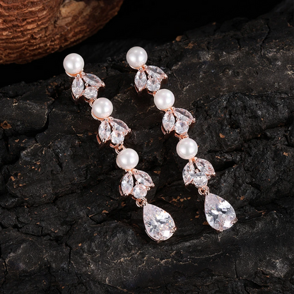 Luxury Cubic Zirconia Pearl Long Dangle Earrings for Women