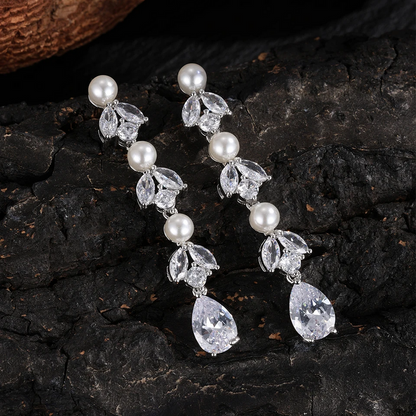 Luxury Cubic Zirconia Pearl Long Dangle Earrings for Women