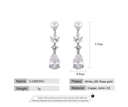 Drop Shape Pearl Cubic Zirconia Pendant Dangle Earrings