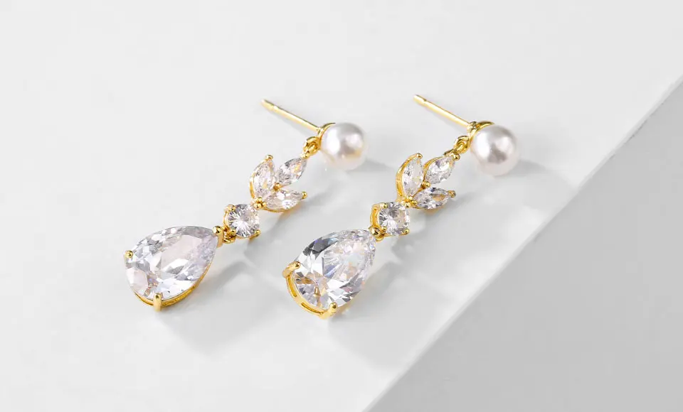 Drop Shape Pearl Cubic Zirconia Pendant Dangle Earrings