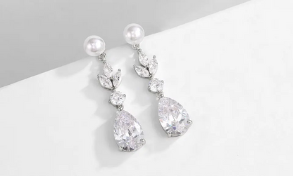 Drop Shape Pearl Cubic Zirconia Pendant Dangle Earrings