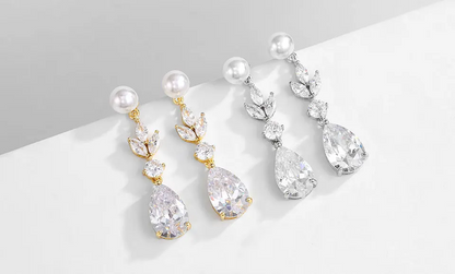 Drop Shape Pearl Cubic Zirconia Pendant Dangle Earrings