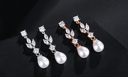 Drop Shape Pearl Cubic Zirconia Pendant Dangle Earrings