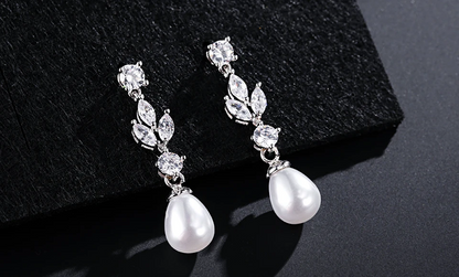 Drop Shape Pearl Cubic Zirconia Pendant Dangle Earrings
