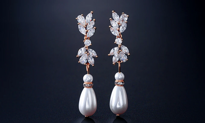 Drop Shape Pearl Cubic Zirconia Pendant Dangle Earrings