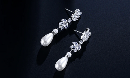 Drop Shape Pearl Cubic Zirconia Pendant Dangle Earrings