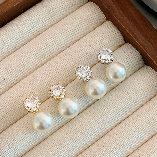 French Romantic Inlaid Zircon Round Pearl Earrings