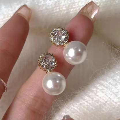 French Romantic Inlaid Zircon Round Pearl Earrings