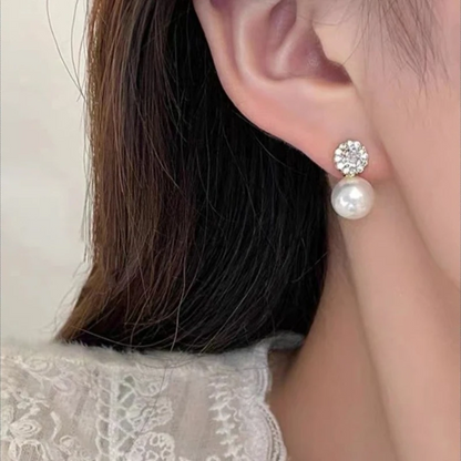 French Romantic Inlaid Zircon Round Pearl Earrings