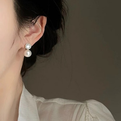 French Romantic Inlaid Zircon Round Pearl Earrings