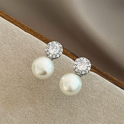 French Romantic Inlaid Zircon Round Pearl Earrings