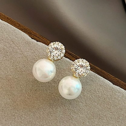 French Romantic Inlaid Zircon Round Pearl Earrings