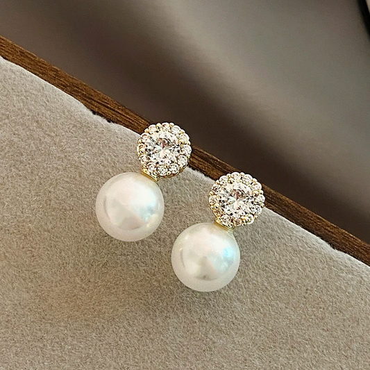 French Romantic Inlaid Zircon Round Pearl Earrings