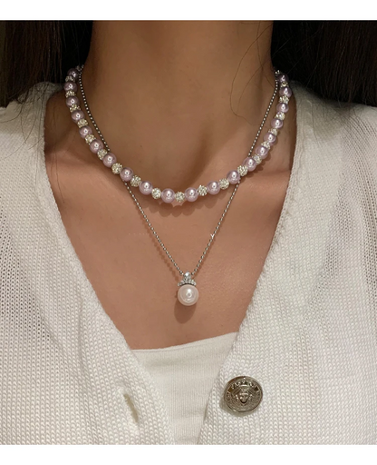 Elegant Rose Purple Pearl Bead Necklace and Bracelet Jewelry Set