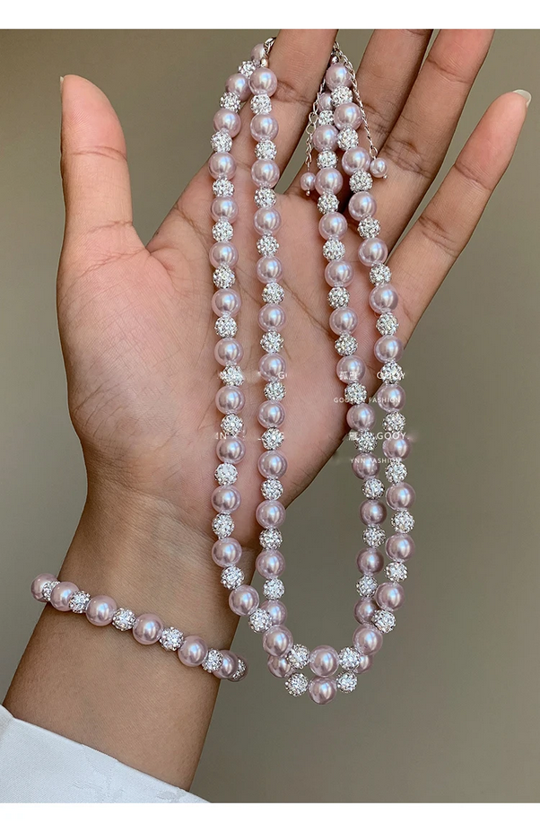 Elegant Rose Purple Pearl Bead Necklace and Bracelet Jewelry Set