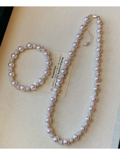 Elegant Rose Purple Pearl Bead Necklace and Bracelet Jewelry Set