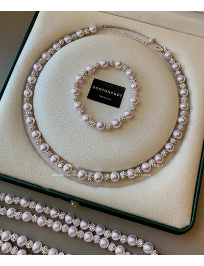 Elegant Rose Purple Pearl Bead Necklace and Bracelet Jewelry Set