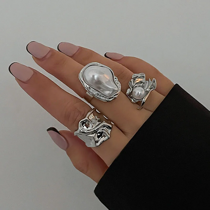 3-piece Gold Irregular Pearl Ring Set