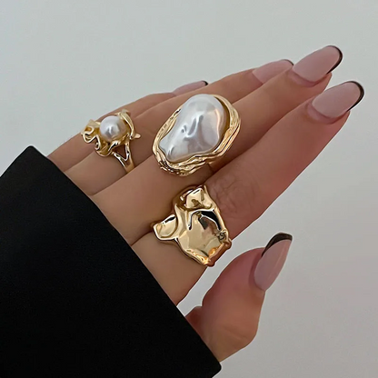 3-piece Gold Irregular Pearl Ring Set