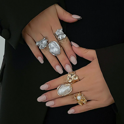 3-piece Gold Irregular Pearl Ring Set