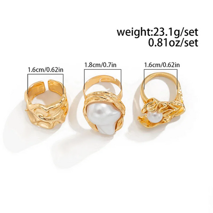 3-piece Gold Irregular Pearl Ring Set