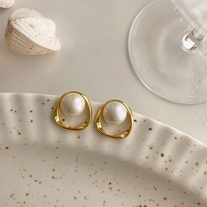 Elegant Gold Round Pearl Stud Earrings for Women
