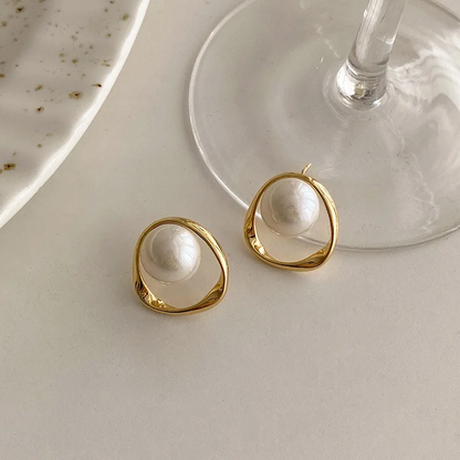 Elegant Gold Round Pearl Stud Earrings for Women