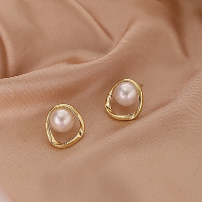Elegant Gold Round Pearl Stud Earrings for Women