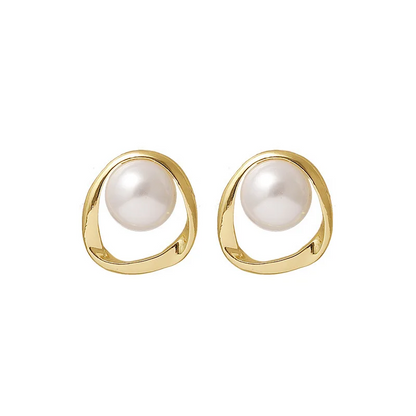 Elegant Gold Round Pearl Stud Earrings for Women