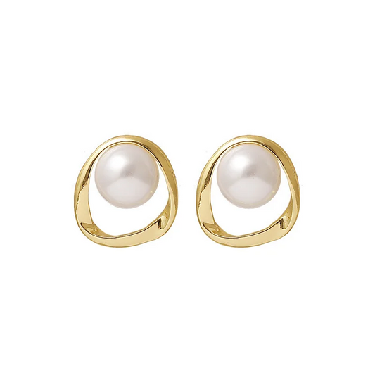 Elegant Gold Round Pearl Stud Earrings for Women