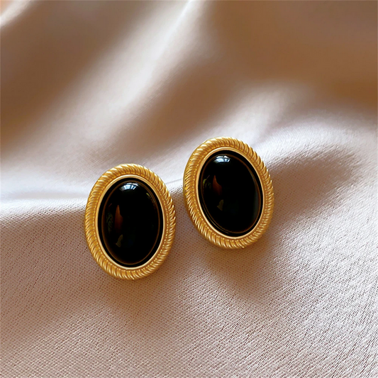 Vintage Gold & Black Oval Stud Earrings