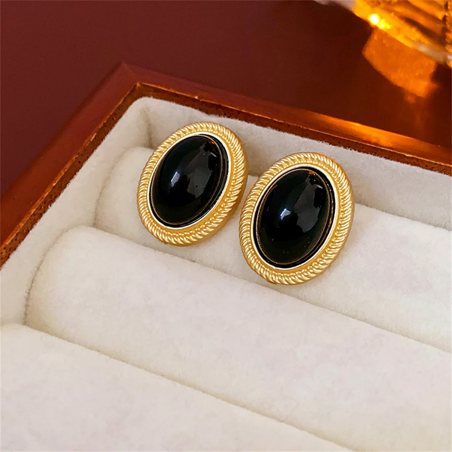Vintage Gold & Black Oval Stud Earrings