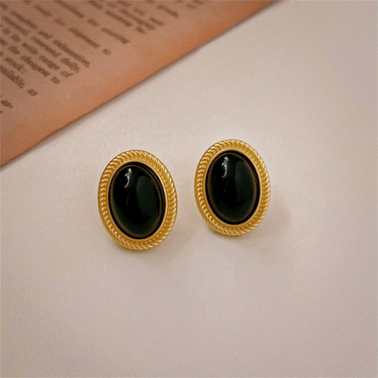 Vintage Gold & Black Oval Stud Earrings