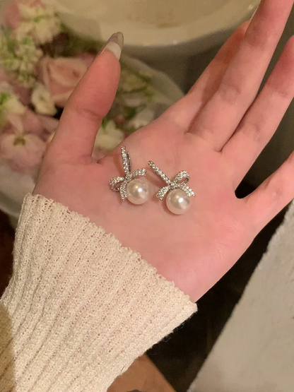 925 Sterling Silver Bow Pearl Earrings