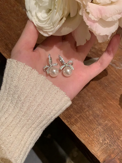 925 Sterling Silver Bow Pearl Earrings