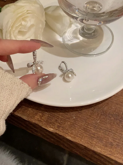 925 Sterling Silver Bow Pearl Earrings