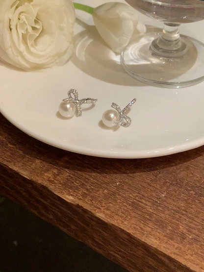 925 Sterling Silver Bow Pearl Earrings