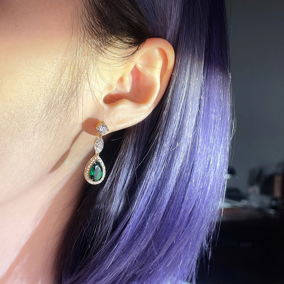 Elegant Green & White Cubic Zirconia Drop Earrings